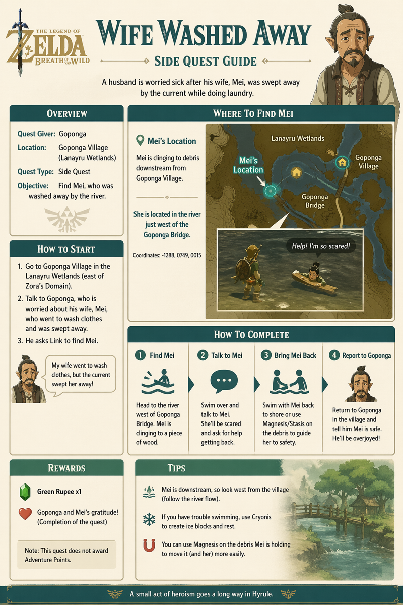 Zelda: Breath of the Wild styled infographic titled 'Wife Washed Away — Side Quest Guide', incorrectly placing Mei's location near Goponga Bridge in the Lanayru Wetlands, with quest giver listed as Goponga.