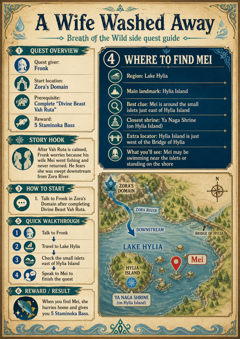 Zelda: Breath of the Wild styled infographic titled 'A Wife Washed Away', correctly identifying Mei's location at Hylia Island in Lake Hylia, with a map showing Zora's Domain, Zora River, and Mei marked on Hylia Island near Ya Naga Shrine.