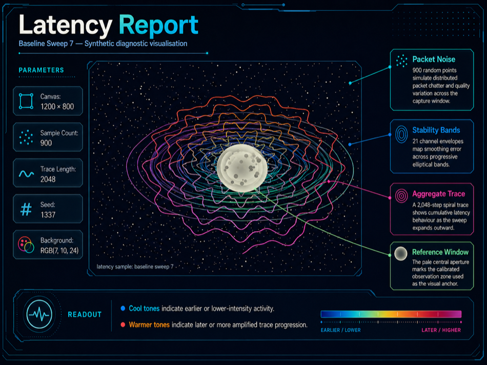 An infographic titled 'Latency Report — Baseline Sweep 7', wrapping the space scene image with callout labels for Packet Noise, Stability Bands, Aggregate Trace, and Reference Window, in a dark technical style. The central image is identical to the Python code output.