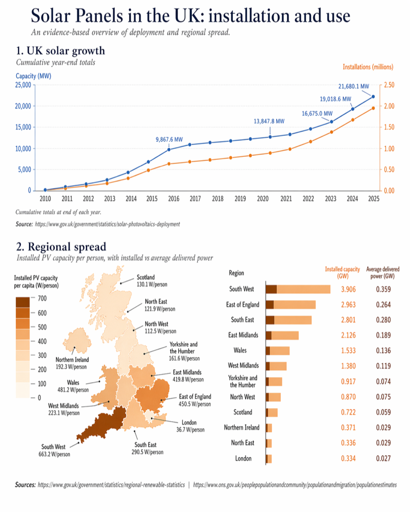 Full infographic titled 'Solar Panels in the UK: installation and use', comprising a line graph of UK solar growth from 2010 to 2025 and a choropleth map of Great Britain showing installed PV capacity per capita by region, with an accompanying data table.